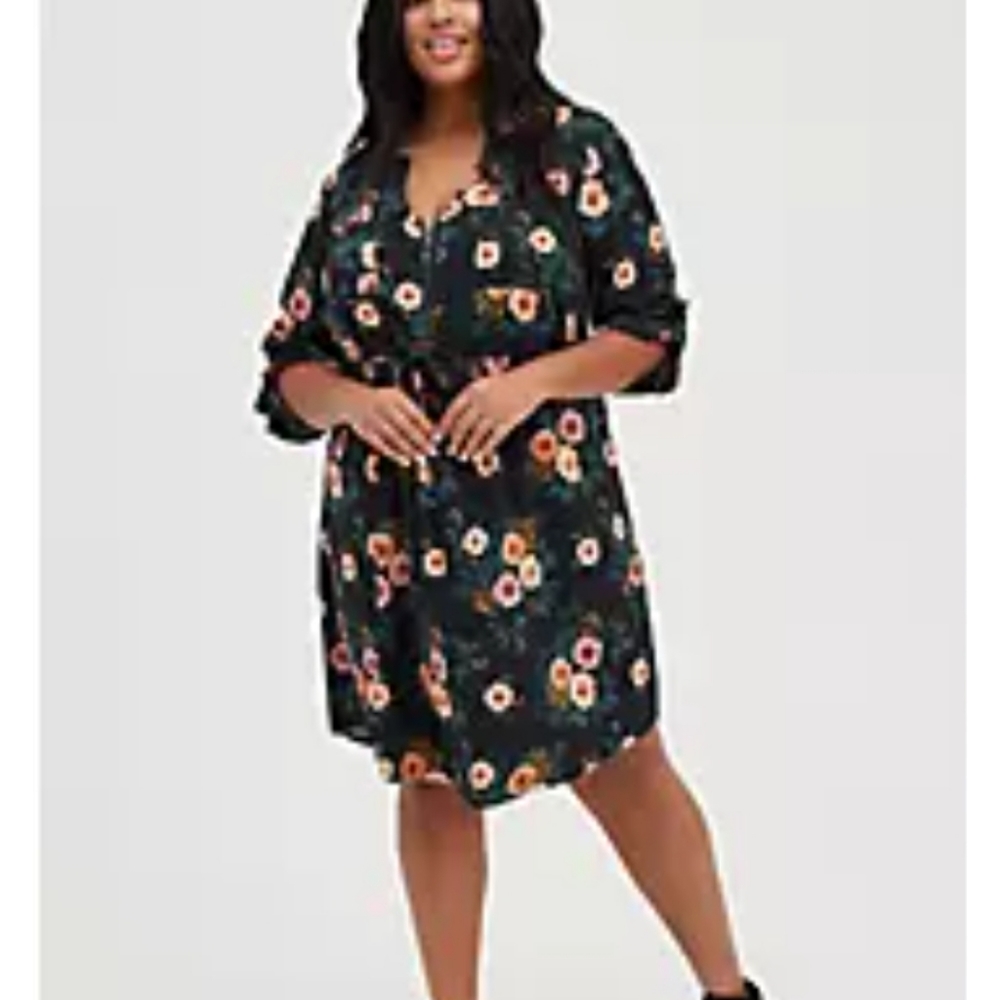 Zip-Front Shirt Dress-Stretch Challis Black Floral